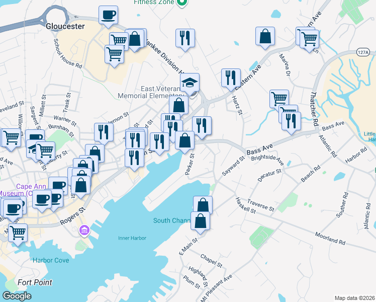 map of restaurants, bars, coffee shops, grocery stores, and more near 3 Parker Street in Gloucester