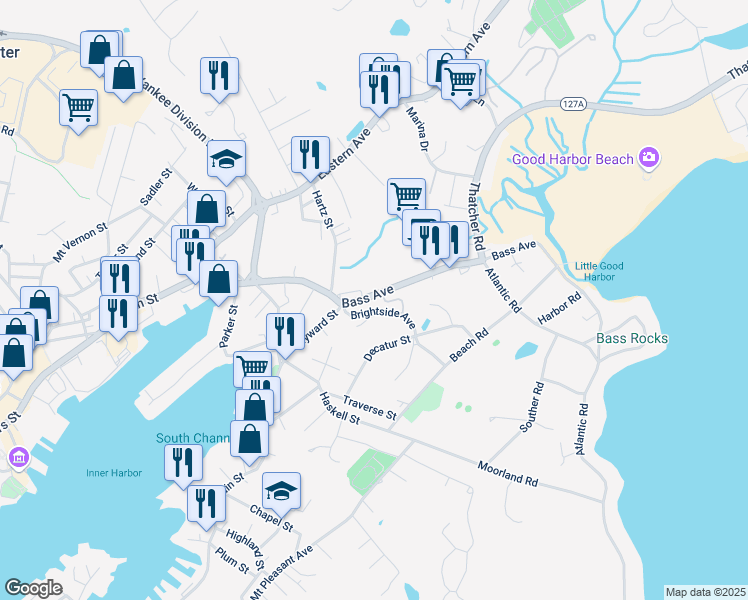 map of restaurants, bars, coffee shops, grocery stores, and more near 14 Brightside Avenue in Gloucester