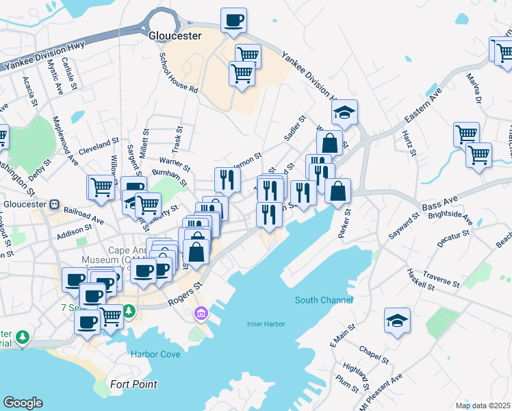 map of restaurants, bars, coffee shops, grocery stores, and more near 10 Friend Street in Gloucester