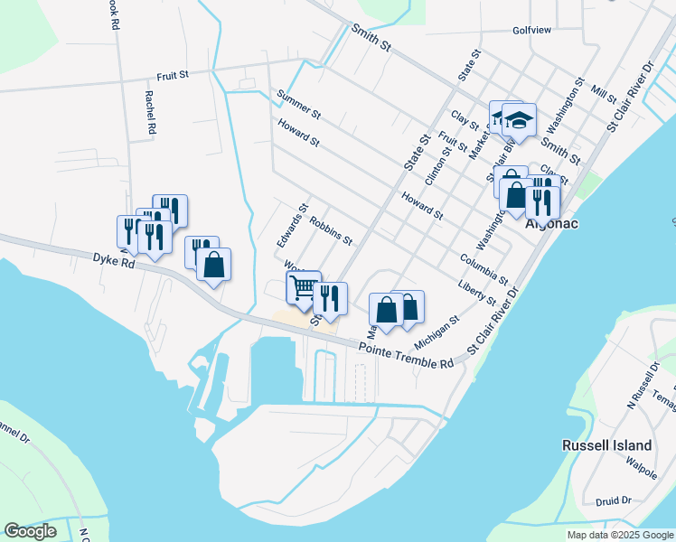 map of restaurants, bars, coffee shops, grocery stores, and more near 530 State Street in Algonac
