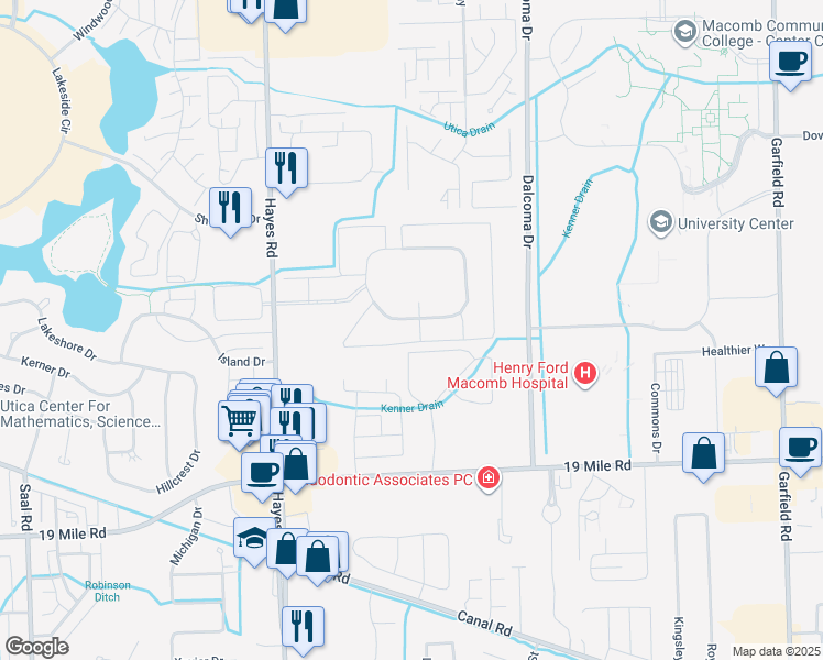 map of restaurants, bars, coffee shops, grocery stores, and more near 15810 Lakeside Village Drive in Clinton Township