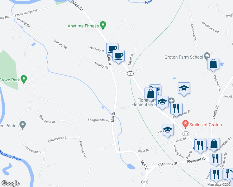 map of restaurants, bars, coffee shops, grocery stores, and more near 195 Mill Street in Groton