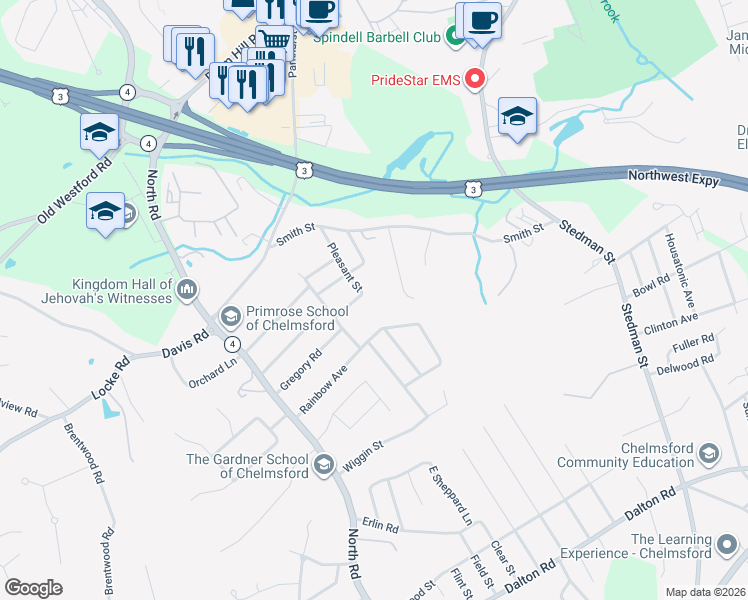 map of restaurants, bars, coffee shops, grocery stores, and more near 16A Pleasant Street in Chelmsford