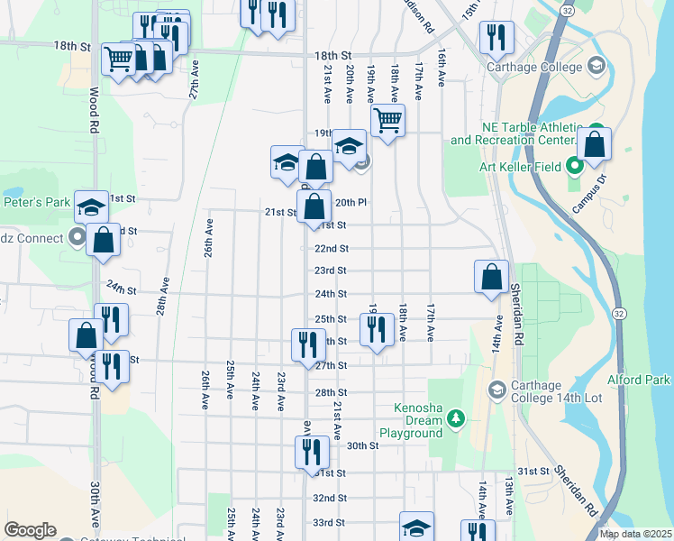 map of restaurants, bars, coffee shops, grocery stores, and more near 2048 23rd Street in Kenosha
