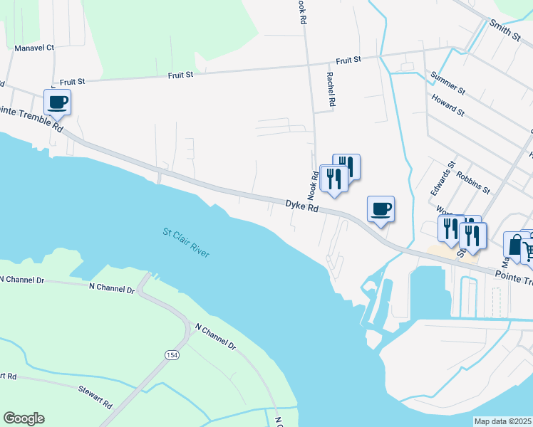 map of restaurants, bars, coffee shops, grocery stores, and more near 2839 Pointe Tremble Road in Algonac