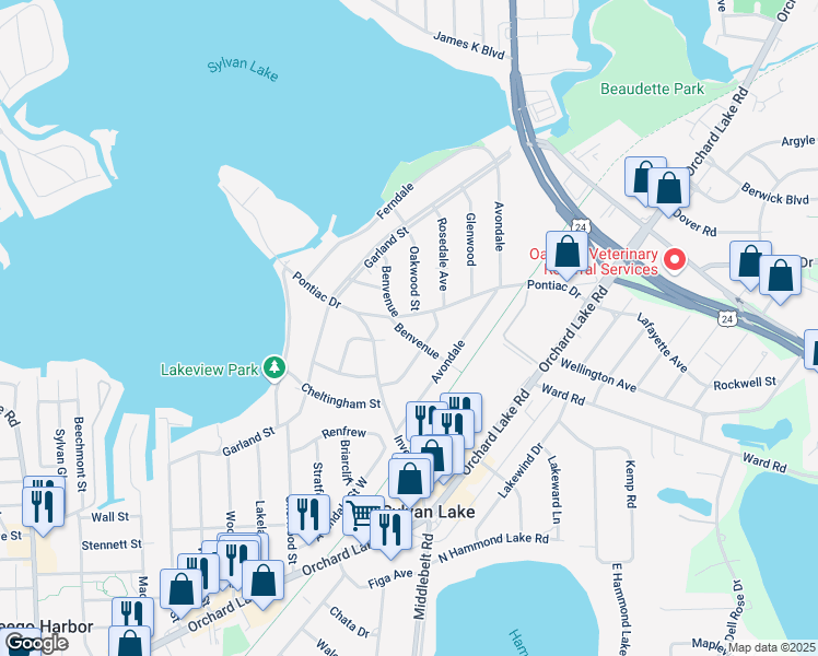 map of restaurants, bars, coffee shops, grocery stores, and more near 2225 Pontiac Drive in Sylvan Lake