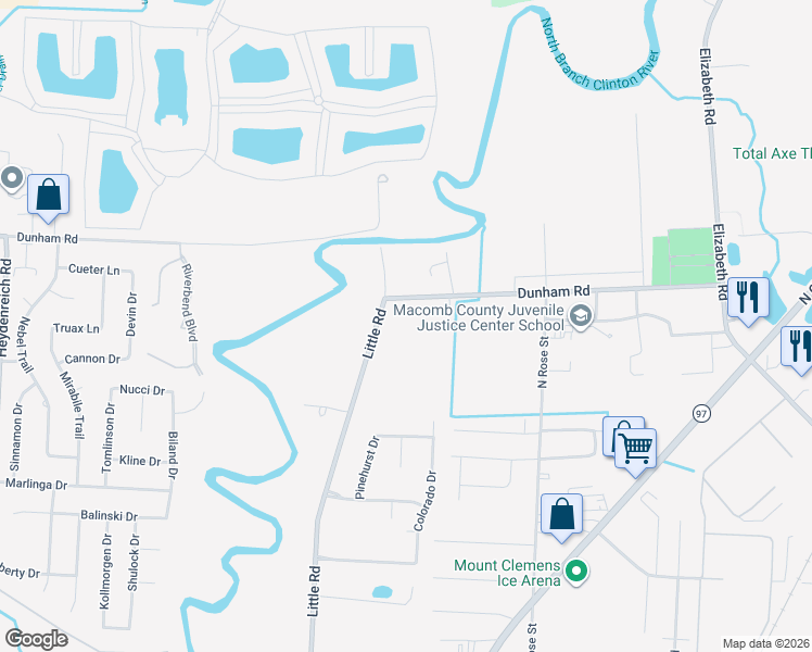 map of restaurants, bars, coffee shops, grocery stores, and more near 21340 Dunham Road in Macomb County