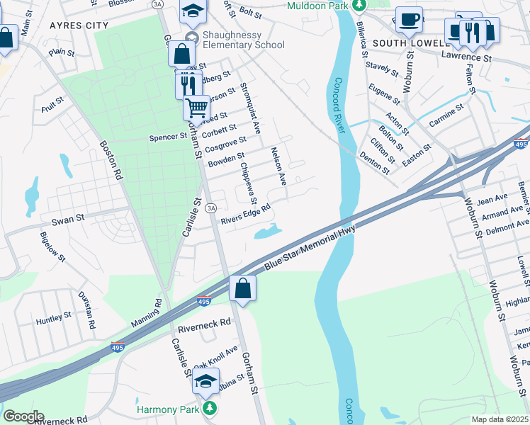 map of restaurants, bars, coffee shops, grocery stores, and more near 79 Rivers Edge Road in Lowell