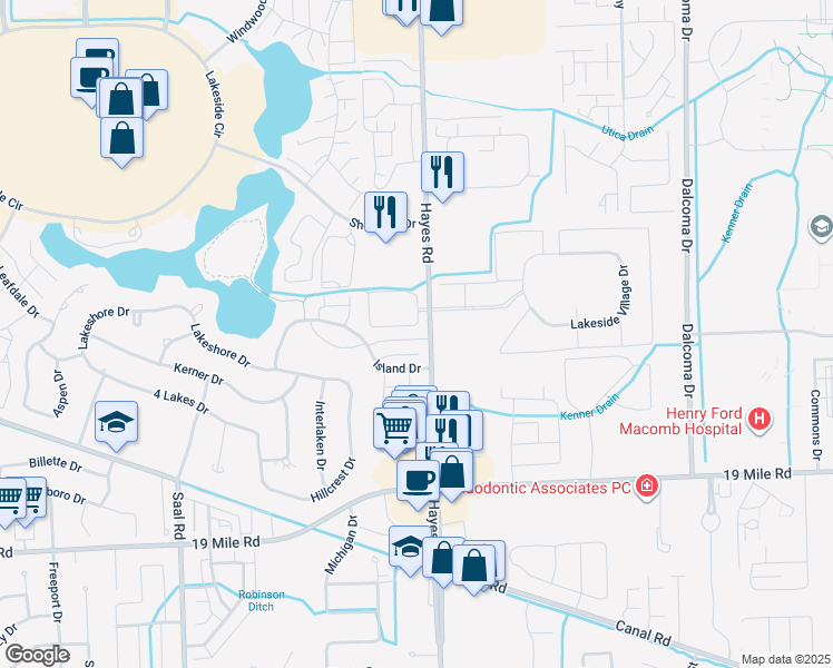 map of restaurants, bars, coffee shops, grocery stores, and more near 15187 Olivewood Drive in Sterling Heights