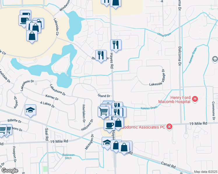 map of restaurants, bars, coffee shops, grocery stores, and more near 15187 Olivewood Drive in Sterling Heights