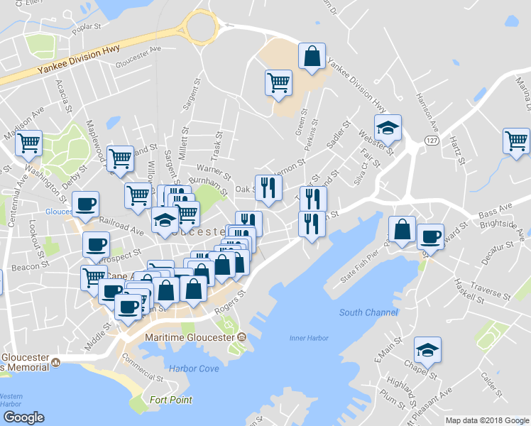 map of restaurants, bars, coffee shops, grocery stores, and more near 125 Prospect Street in Gloucester