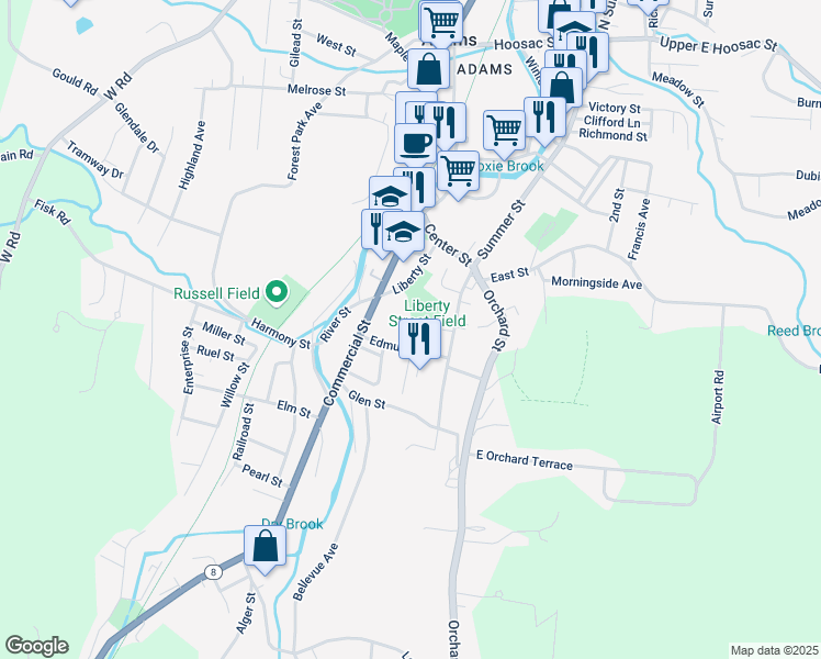 map of restaurants, bars, coffee shops, grocery stores, and more near 2 Edmunds Street in Adams