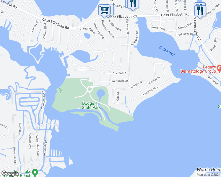 map of restaurants, bars, coffee shops, grocery stores, and more near 4109 Parkway Street in Waterford Township
