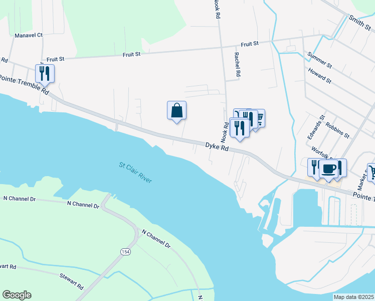 map of restaurants, bars, coffee shops, grocery stores, and more near 2839 Pointe Tremble Road in Algonac