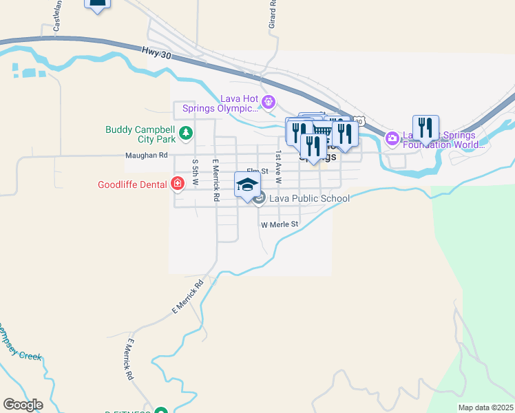 map of restaurants, bars, coffee shops, grocery stores, and more near 202 West Fife Street in Lava Hot Springs
