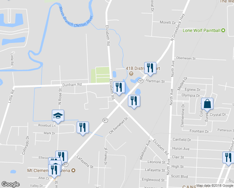 map of restaurants, bars, coffee shops, grocery stores, and more near 43550 Elizabeth Road in Charter Township of Clinton
