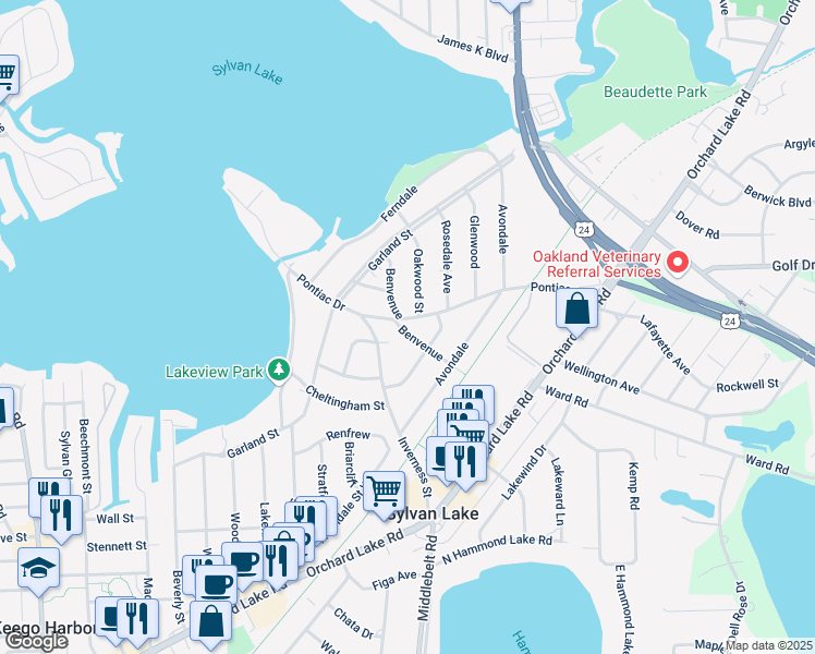 map of restaurants, bars, coffee shops, grocery stores, and more near 2225 Pontiac Drive in Sylvan Lake
