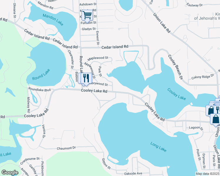 map of restaurants, bars, coffee shops, grocery stores, and more near 9096 Cooley Lake Road in White Lake charter Township
