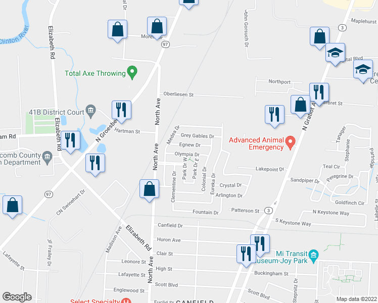 map of restaurants, bars, coffee shops, grocery stores, and more near 23167 Olympia Drive in Charter Township of Clinton