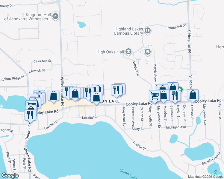 map of restaurants, bars, coffee shops, grocery stores, and more near 7586 Woodview Drive in Waterford Township