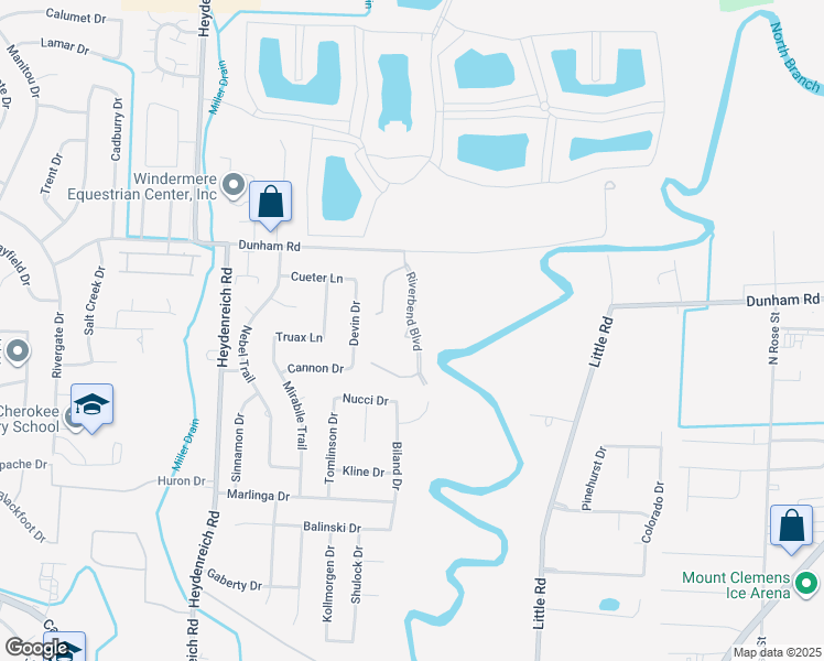 map of restaurants, bars, coffee shops, grocery stores, and more near 43453 Riverbend Boulevard in Clinton Township