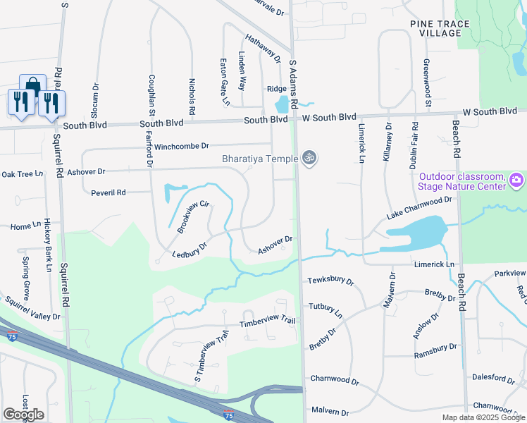map of restaurants, bars, coffee shops, grocery stores, and more near 1675 Ledbury Drive in Bloomfield Hills
