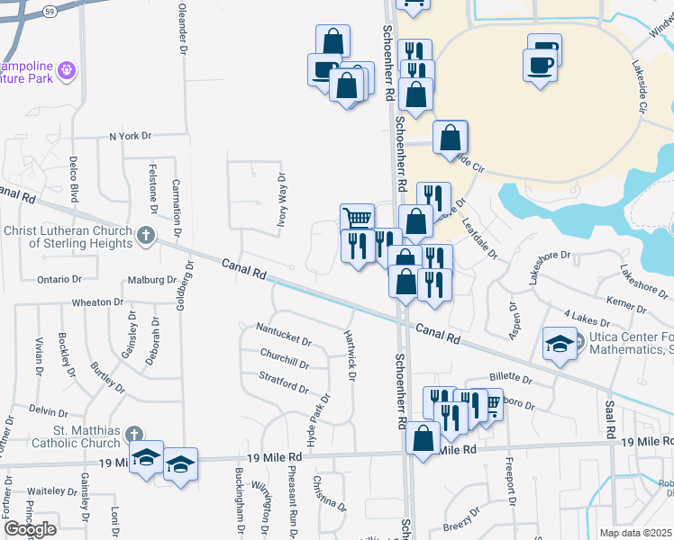 map of restaurants, bars, coffee shops, grocery stores, and more near 43781 Schoenherr Road in Sterling Heights