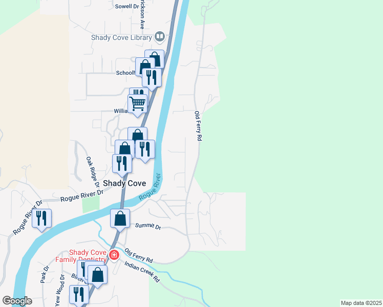 map of restaurants, bars, coffee shops, grocery stores, and more near 526-698 Melrose Ln in Shady Cove