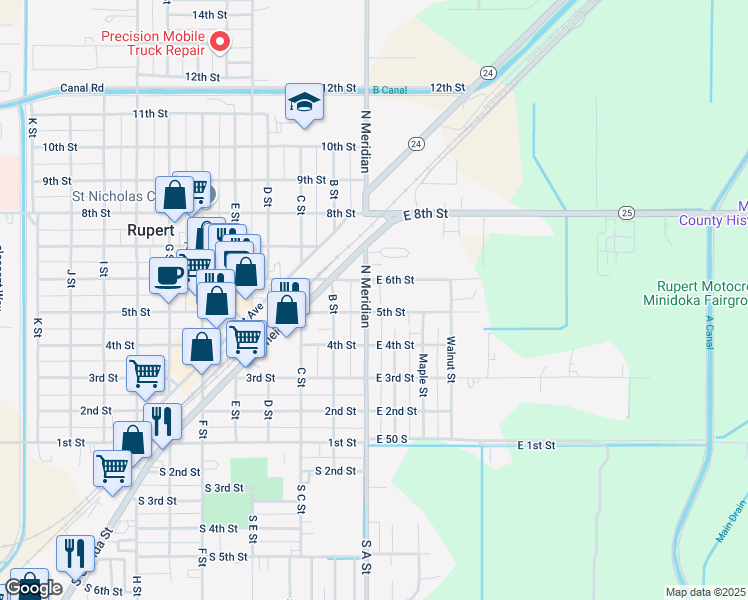 map of restaurants, bars, coffee shops, grocery stores, and more near 488 North Meridian in Rupert