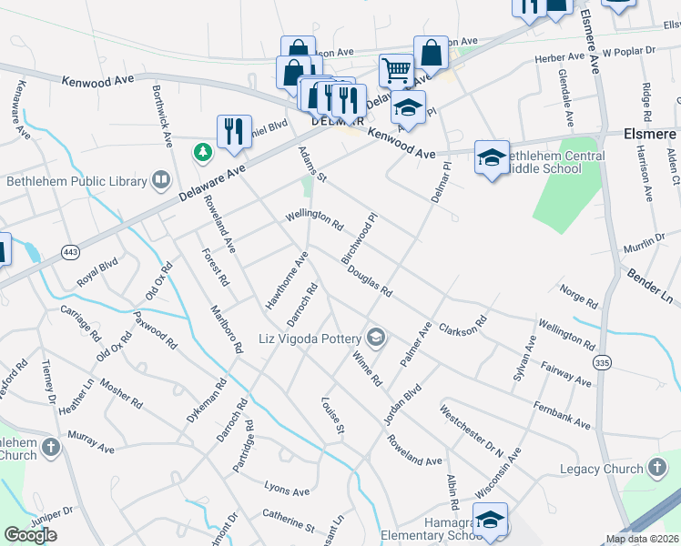 map of restaurants, bars, coffee shops, grocery stores, and more near 72 Winne Road in Delmar