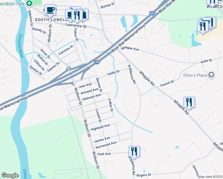 map of restaurants, bars, coffee shops, grocery stores, and more near 105 Felker Street in Lowell