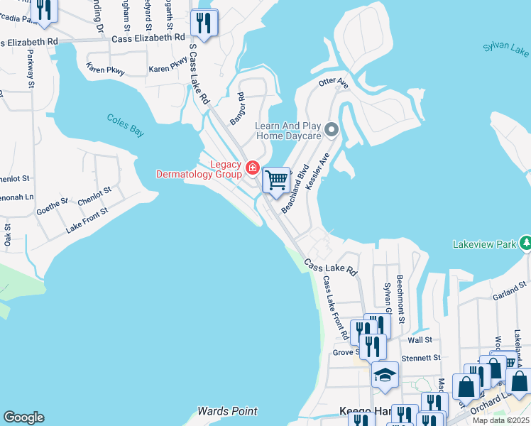 map of restaurants, bars, coffee shops, grocery stores, and more near 1550 Rivona Drive in Waterford Township