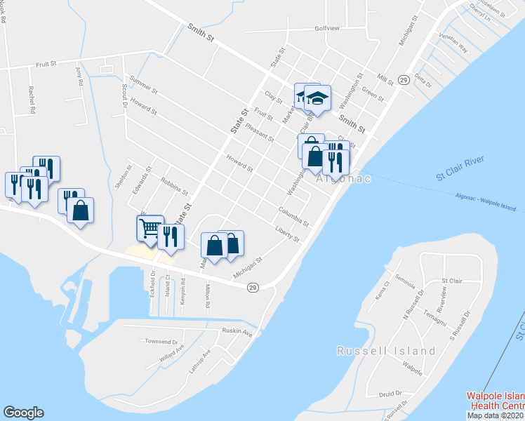 map of restaurants, bars, coffee shops, grocery stores, and more near 710 Saint Clair Boulevard in Algonac