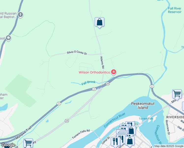 map of restaurants, bars, coffee shops, grocery stores, and more near 42 Adams Road in Greenfield