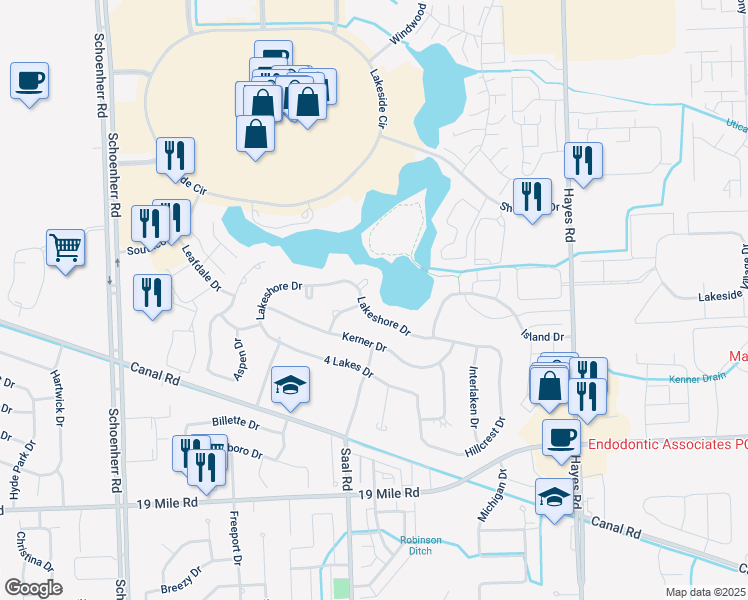 map of restaurants, bars, coffee shops, grocery stores, and more near 14357 Lakeshore Drive in Sterling Heights