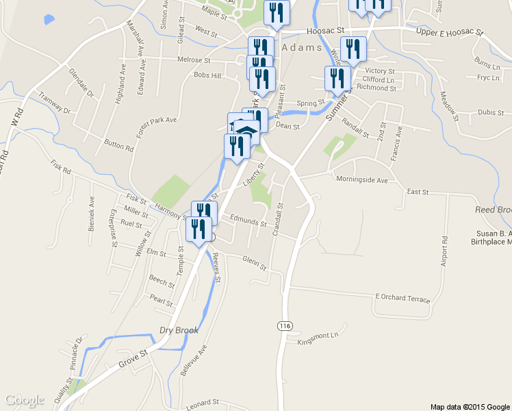 map of restaurants, bars, coffee shops, grocery stores, and more near 2 Edmunds Street in Adams