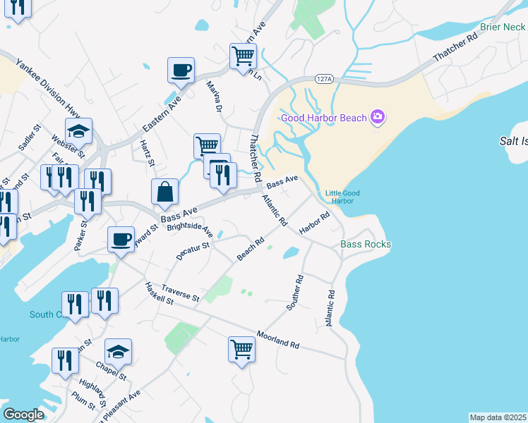 map of restaurants, bars, coffee shops, grocery stores, and more near 5 Atlantic Road in Gloucester