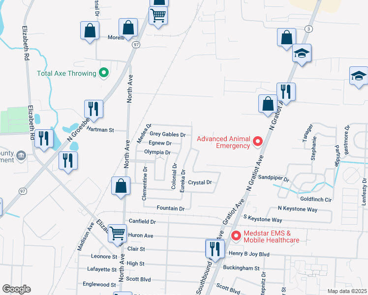 map of restaurants, bars, coffee shops, grocery stores, and more near 43714 Colonial Drive in Clinton Township