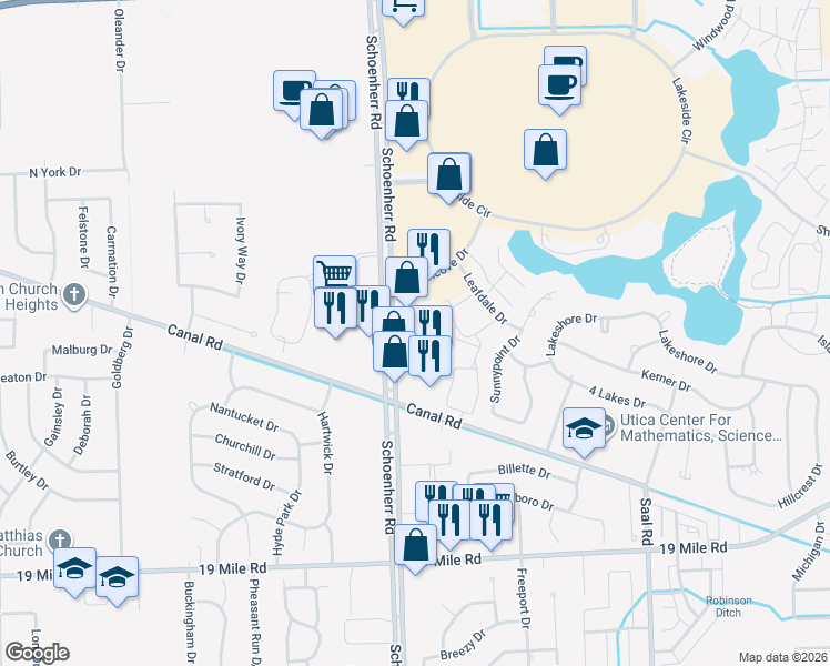 map of restaurants, bars, coffee shops, grocery stores, and more near 43850 Schoenherr Road in Sterling Heights