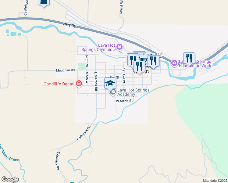 map of restaurants, bars, coffee shops, grocery stores, and more near 202 West Fife Street in Lava Hot Springs