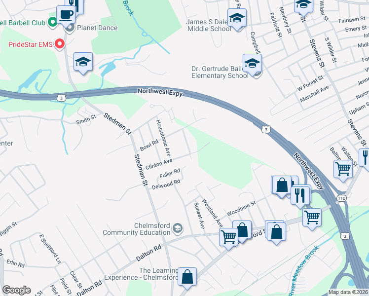 map of restaurants, bars, coffee shops, grocery stores, and more near 21 Clinton Avenue in Chelmsford