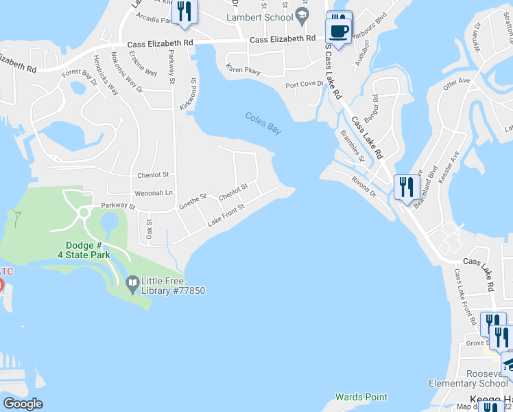 map of restaurants, bars, coffee shops, grocery stores, and more near 3733 Lake Front Street in Waterford Township