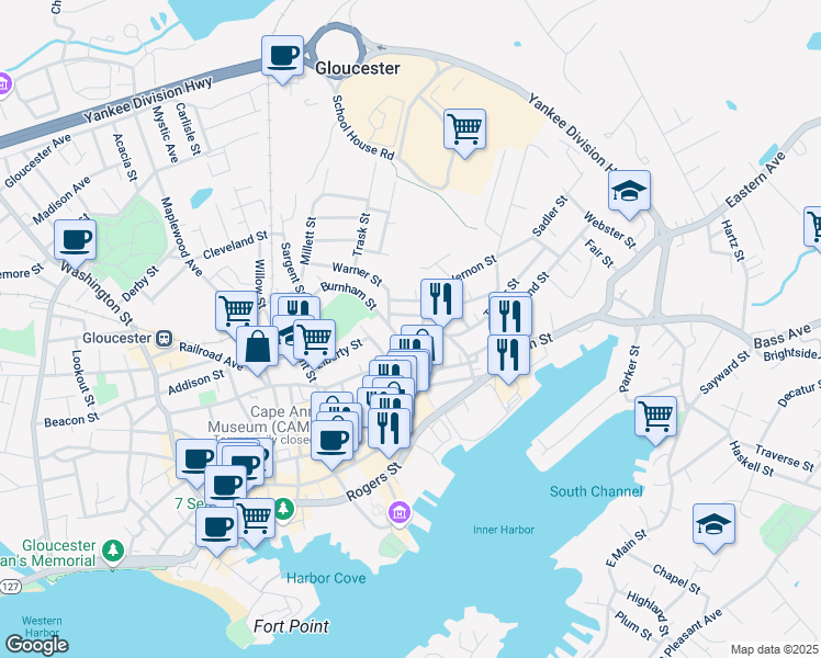 map of restaurants, bars, coffee shops, grocery stores, and more near 118 Prospect Street in Gloucester