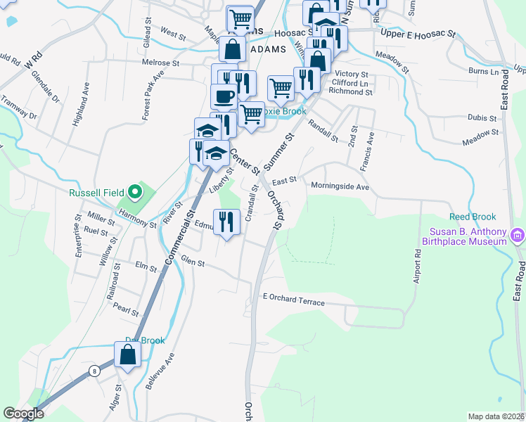 map of restaurants, bars, coffee shops, grocery stores, and more near 29.5 Orchard Street in Adams