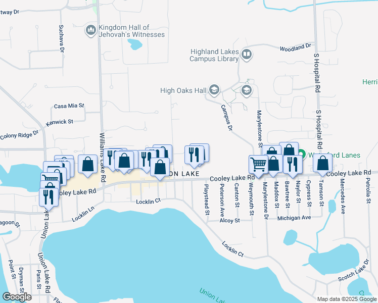 map of restaurants, bars, coffee shops, grocery stores, and more near 7600 Cooley Lake Road in Waterford Township