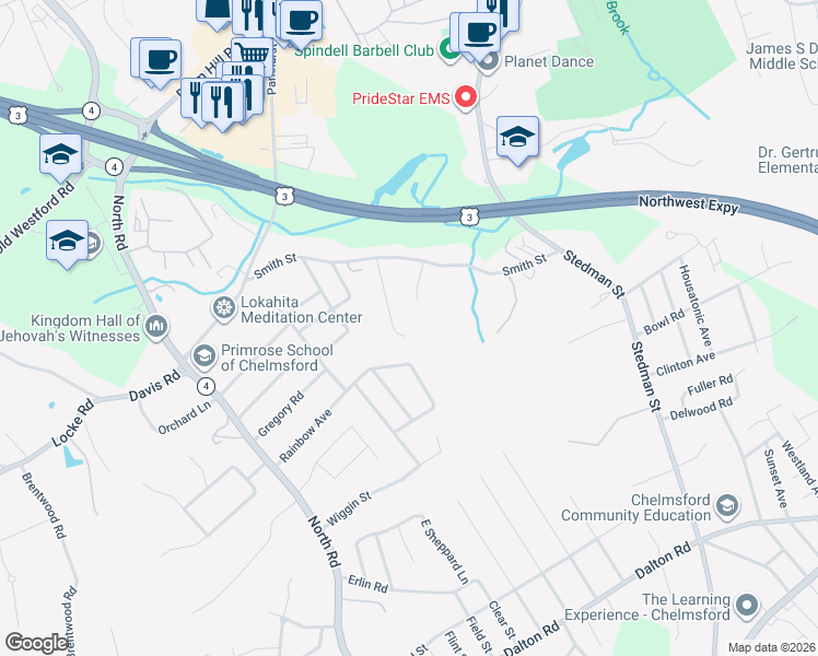 map of restaurants, bars, coffee shops, grocery stores, and more near 12 Balsam Drive in Chelmsford