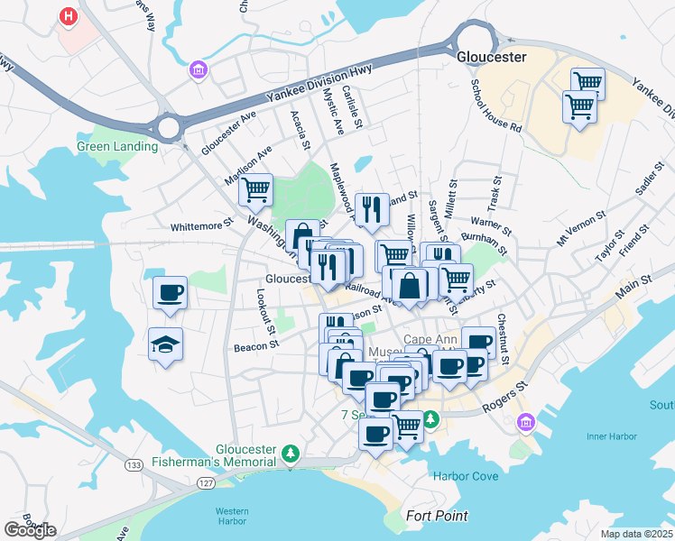 map of restaurants, bars, coffee shops, grocery stores, and more near in Gloucester