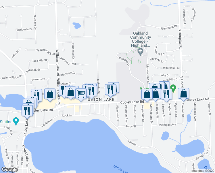 map of restaurants, bars, coffee shops, grocery stores, and more near 7600 Cooley Lake Road in Waterford Township