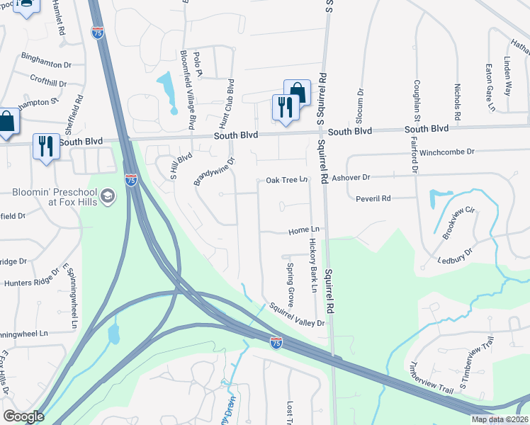 map of restaurants, bars, coffee shops, grocery stores, and more near 1789 Squirrel Valley Drive in Bloomfield Hills