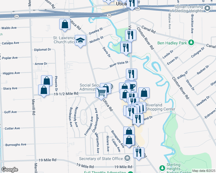 map of restaurants, bars, coffee shops, grocery stores, and more near 7361 Triangle Drive in Sterling Heights